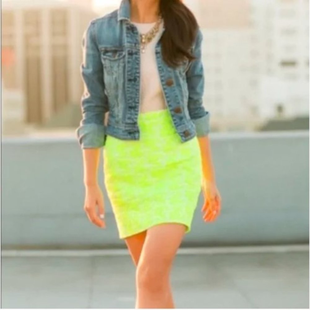 J. Crew Neon Yellow Floral Embroidery Postage Stamp Skirt